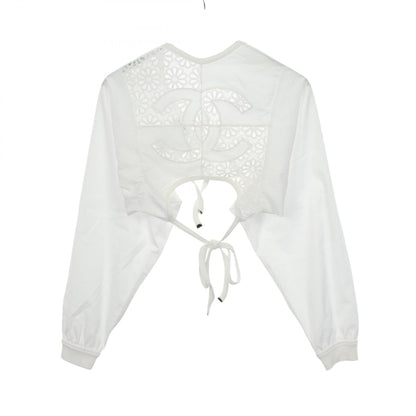 CHANEL Coco Mark Floral Lace Cropped Blouse White Size 36
