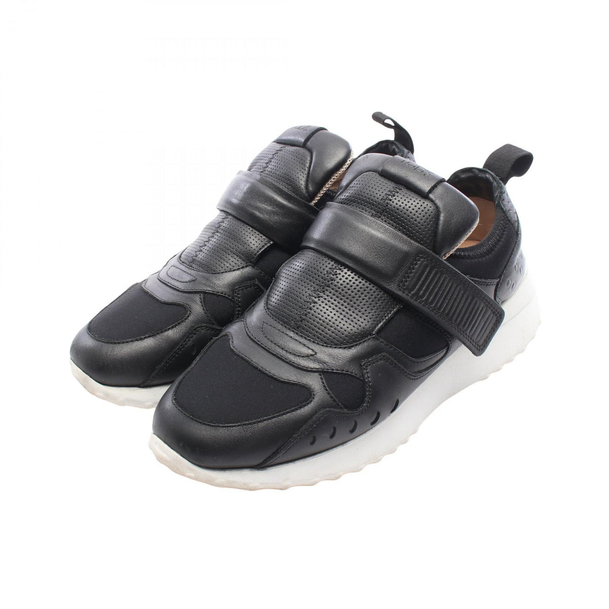 TOD'S Leather Fabric Strap Sneakers Black Size 37.5
