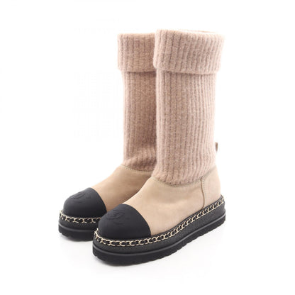 CHANEL Coco Mark Fabric Suede Boots Beige Size 36
