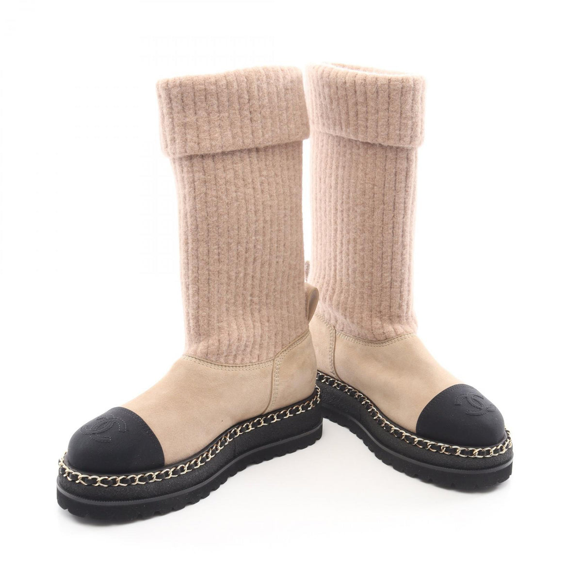 CHANEL Coco Mark Fabric Suede Boots Beige Size 36