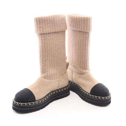 CHANEL Coco Mark Fabric Suede Boots Beige Size 36
