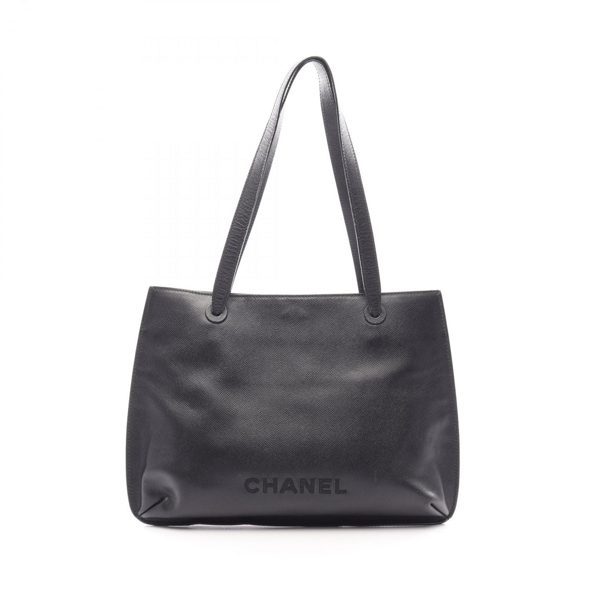 CHANEL Logo Black Caviar Skin Tote Bag