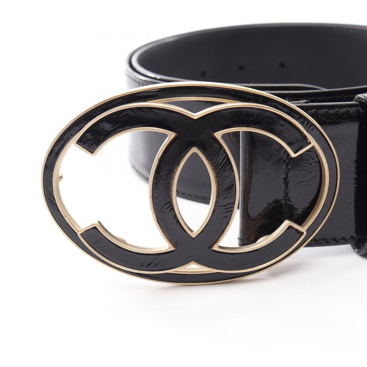 CHANEL CC Mark Patent Leather Belt Black Size 85/34