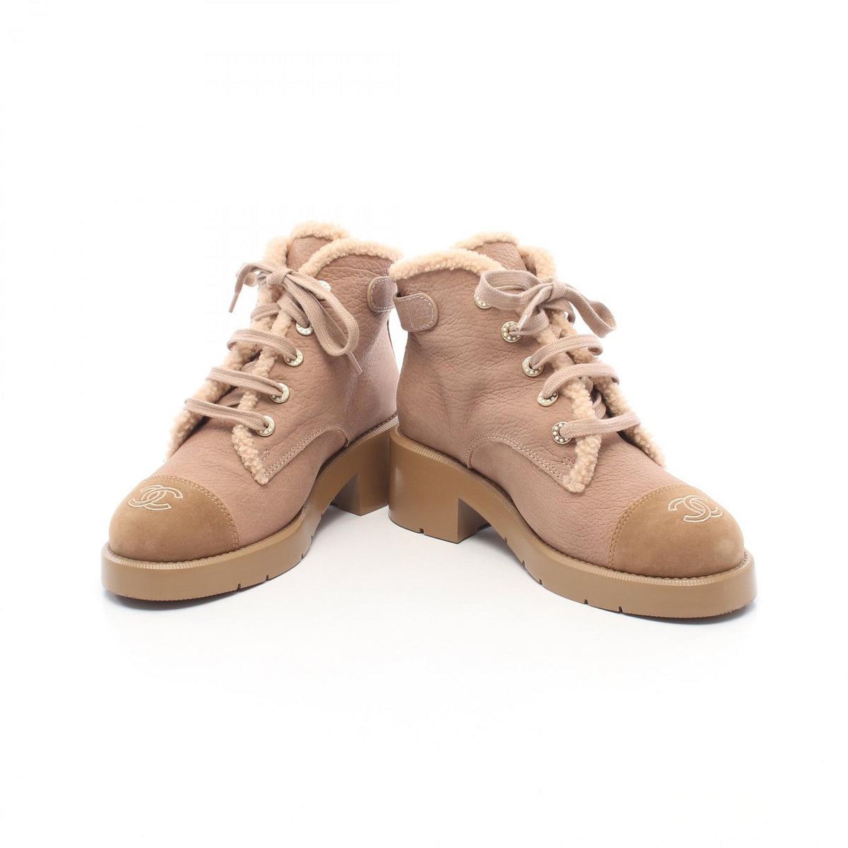 CHANEL Coco Mark Lace-Up Shearling Leather Boots Size 39