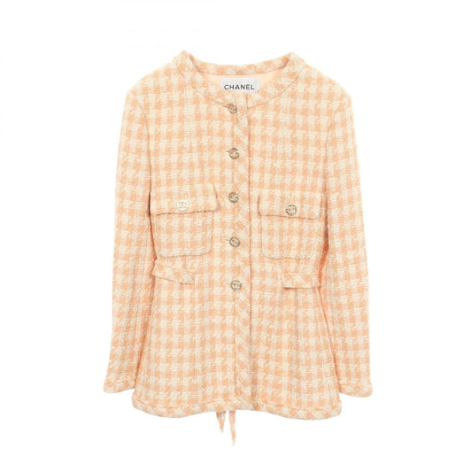 CHANEL Houndstooth Tweed Collarless Jacket Orange Size 34