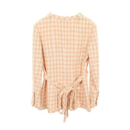 CHANEL Houndstooth Tweed Collarless Jacket Orange Size 34