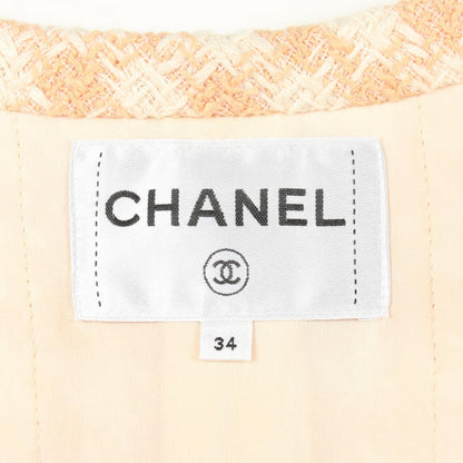 CHANEL Houndstooth Tweed Collarless Jacket Orange Size 34