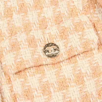 CHANEL Houndstooth Tweed Collarless Jacket Orange Size 34