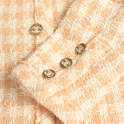 CHANEL Houndstooth Tweed Collarless Jacket Orange Size 34