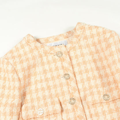 CHANEL Houndstooth Tweed Collarless Jacket Orange Size 34