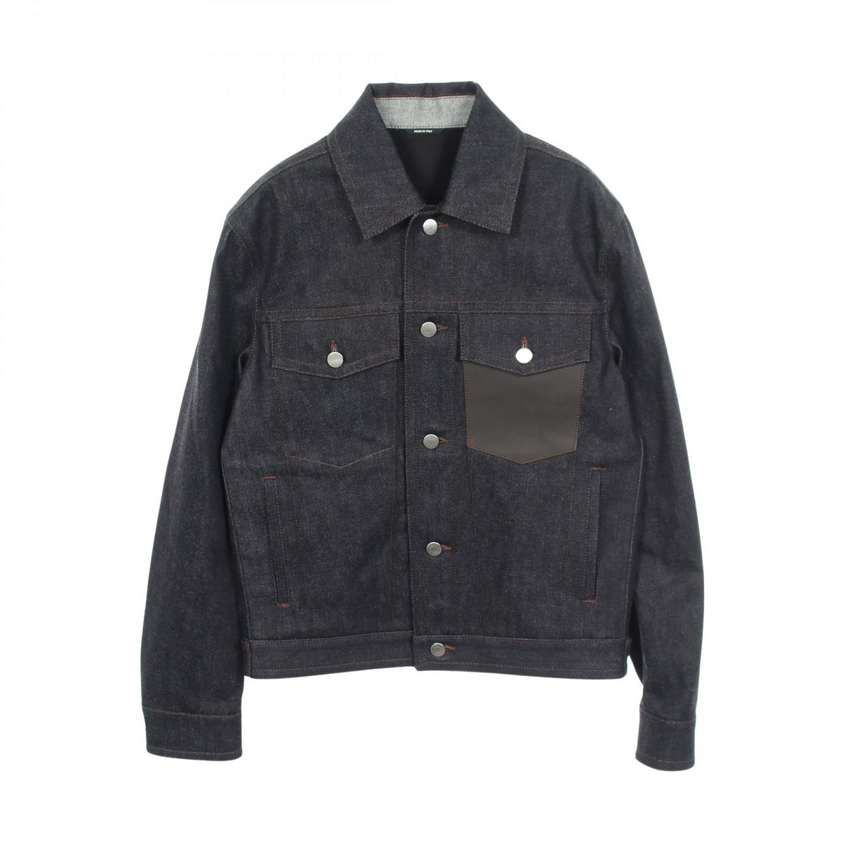 HERMES Sellier Button Lthr Pocket Denim Jacket Navy Size 44