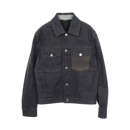 HERMES Sellier Button Lthr Pocket Denim Jacket Navy Size 44
