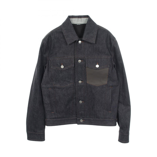 HERMES Sellier Button Lthr Pocket Denim Jacket Navy Size 44