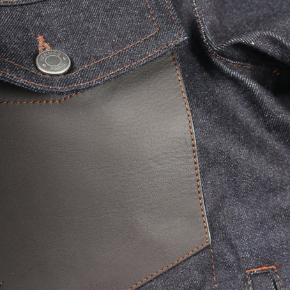 HERMES Sellier Button Lthr Pocket Denim Jacket Navy Size 44