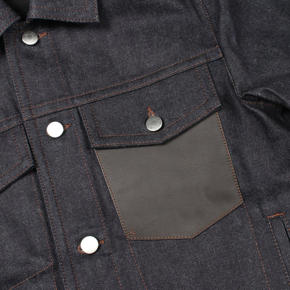 HERMES Sellier Button Lthr Pocket Denim Jacket Navy Size 44