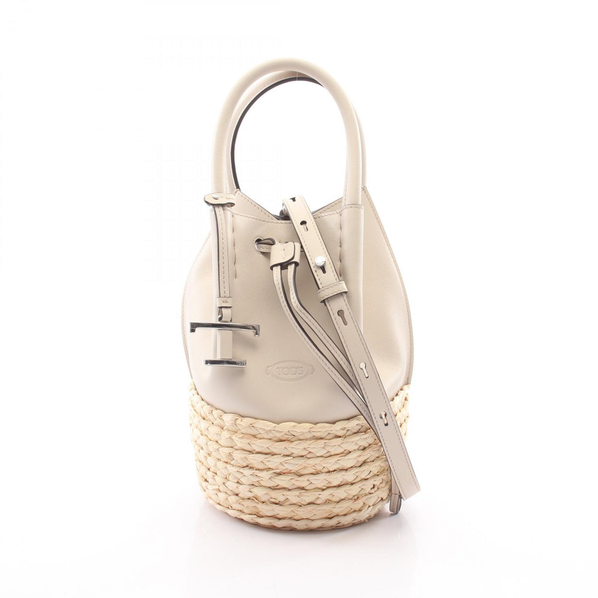 TOD'S T Timeless Leather Straw Bag Gray