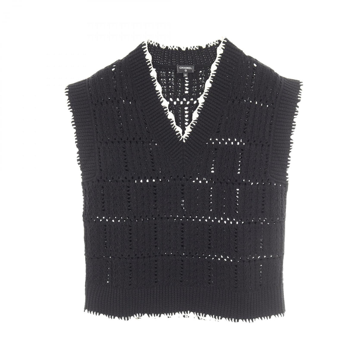 CHANEL V-Neck Knit Cotton Vest Black Size 38