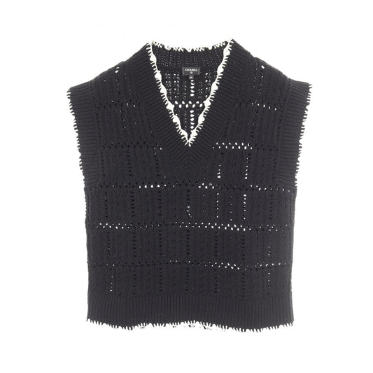 CHANEL V-Neck Knit Cotton Vest Black Size 38