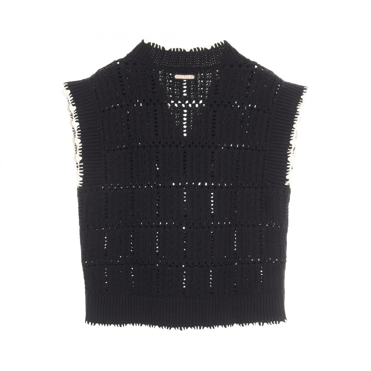CHANEL V-Neck Knit Cotton Vest Black Size 38