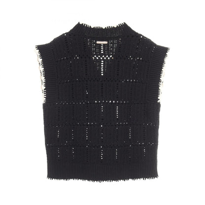 CHANEL V-Neck Knit Cotton Vest Black Size 38