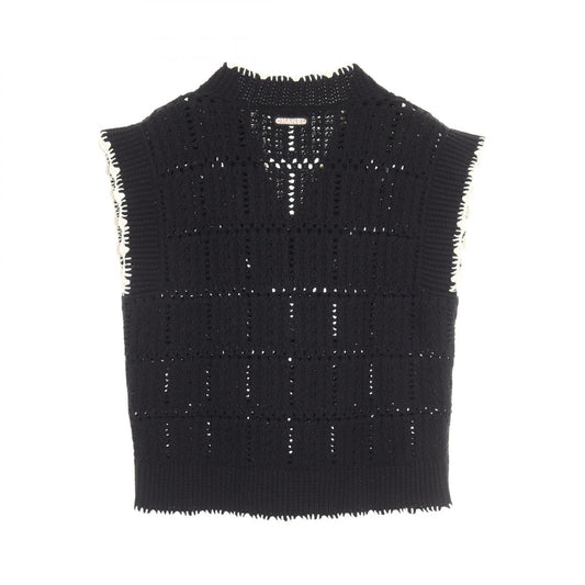 CHANEL V-Neck Knit Cotton Vest Black Size 38