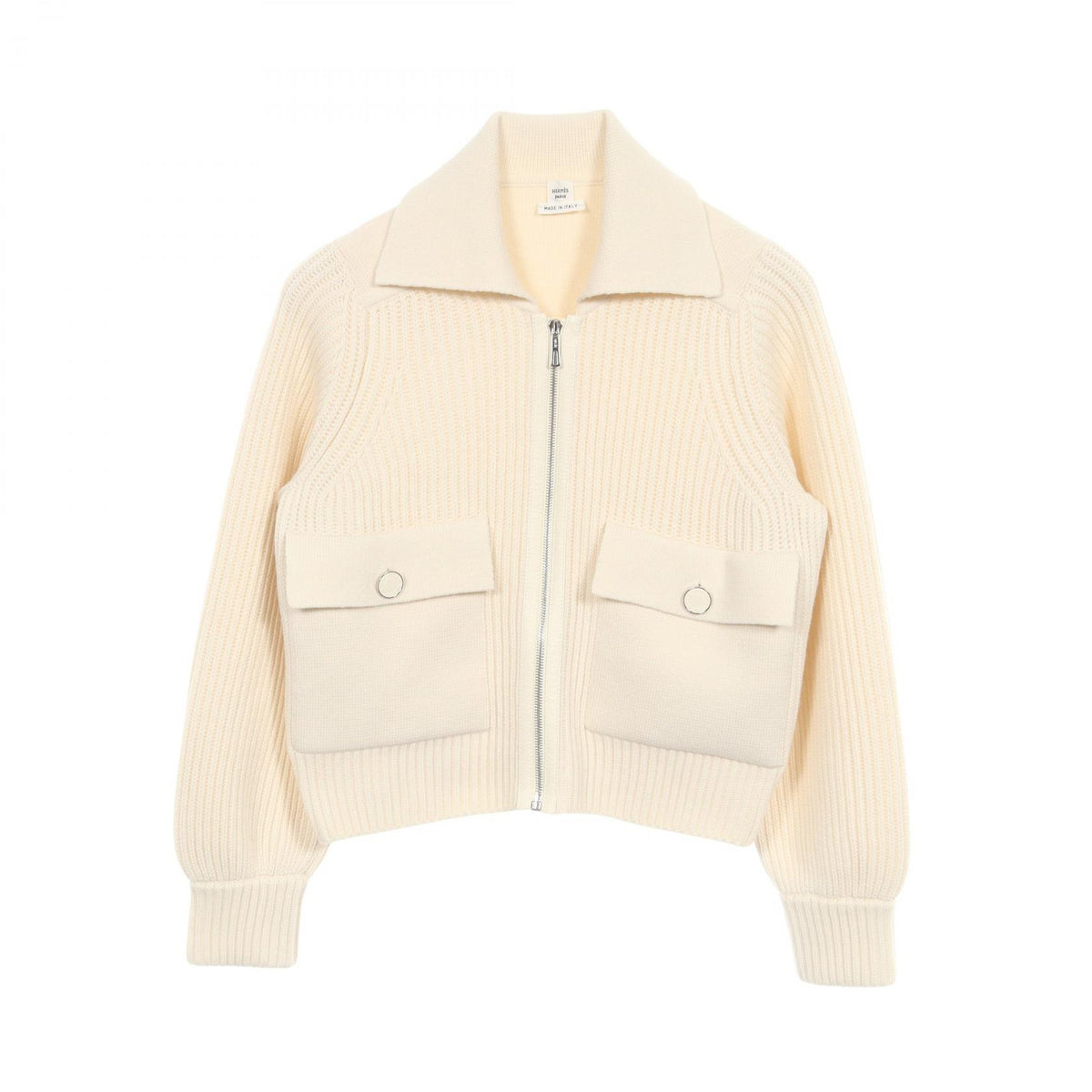 HERMES Sellier Button Zip Up Wool Knit White Size 36
