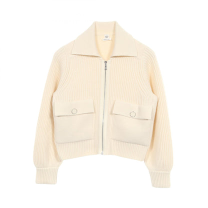 HERMES Sellier Button Zip Up Wool Knit White Size 36