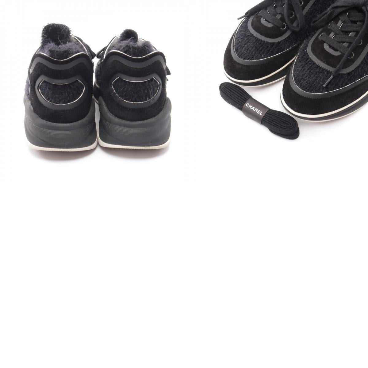 CHANEL Coco Mark Shaggy Knit Suede Sneakers Size 38