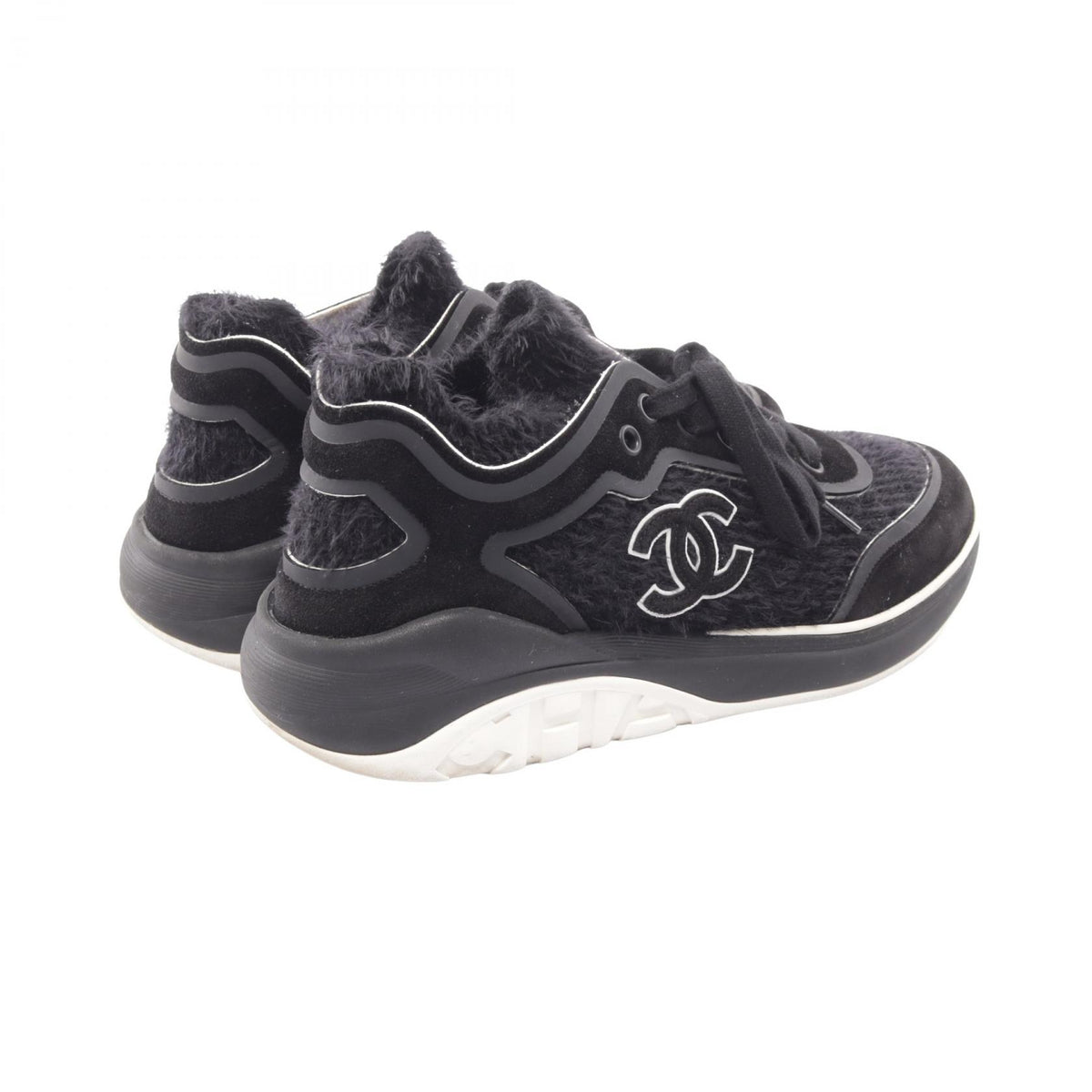 CHANEL Coco Mark Shaggy Knit Suede Sneakers Size 38
