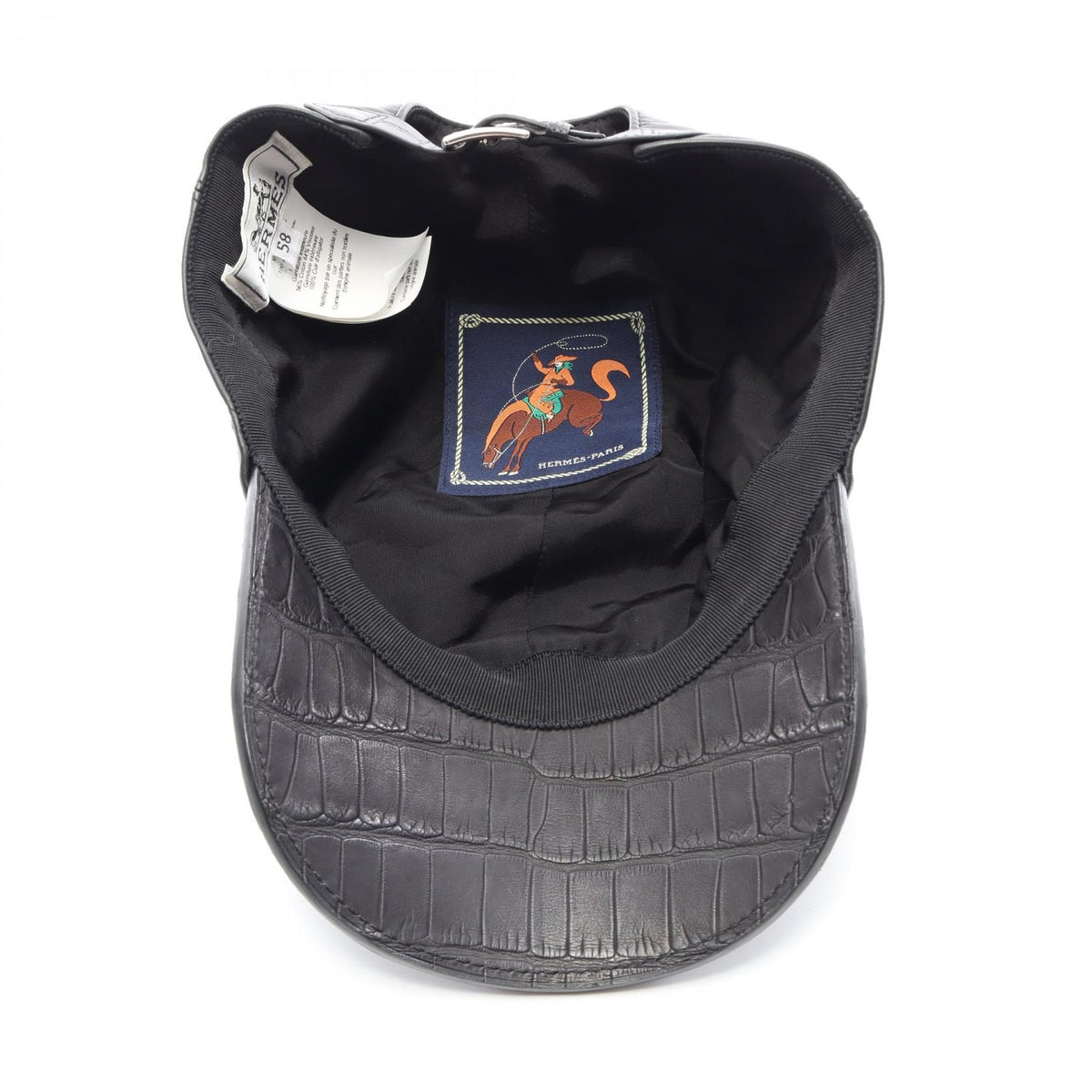 HERMES Riley Alligator Leather Cap Black Size 58