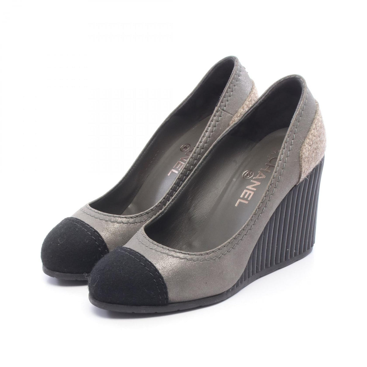CHANEL CC Mark Suede Wedge Sole Pumps Size 38
