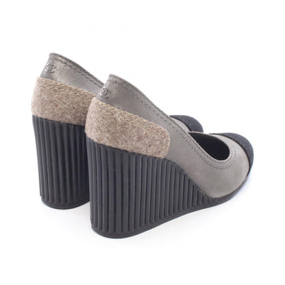 CHANEL CC Mark Suede Wedge Sole Pumps Size 38