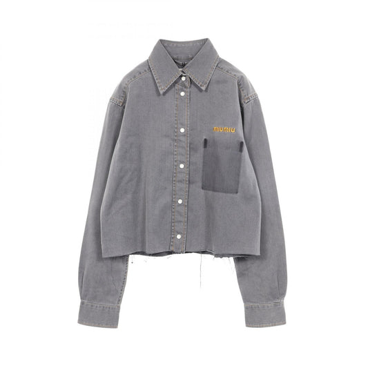 Miu Miu Cropped Chambray Washed Cotton Up Gray Shirt Size 36