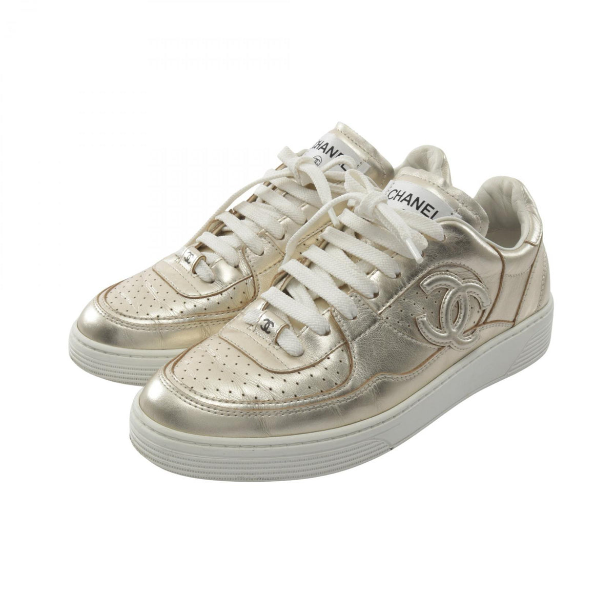 CHANEL Coco Mark Leather Sneakers Gold Size 38