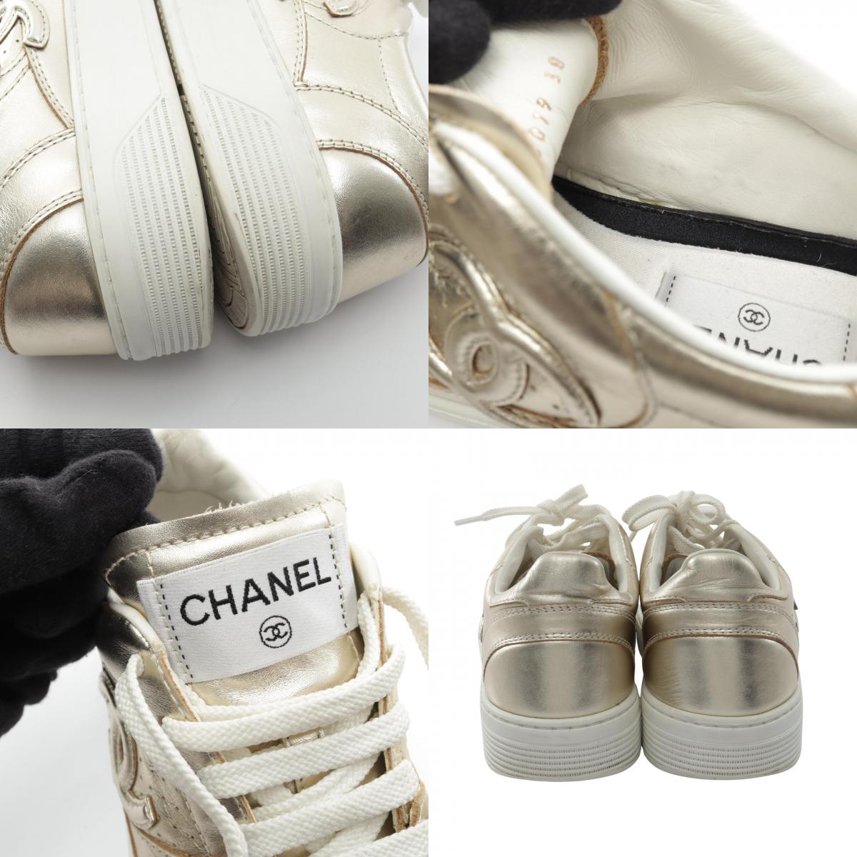 CHANEL Coco Mark Leather Sneakers Gold Size 38