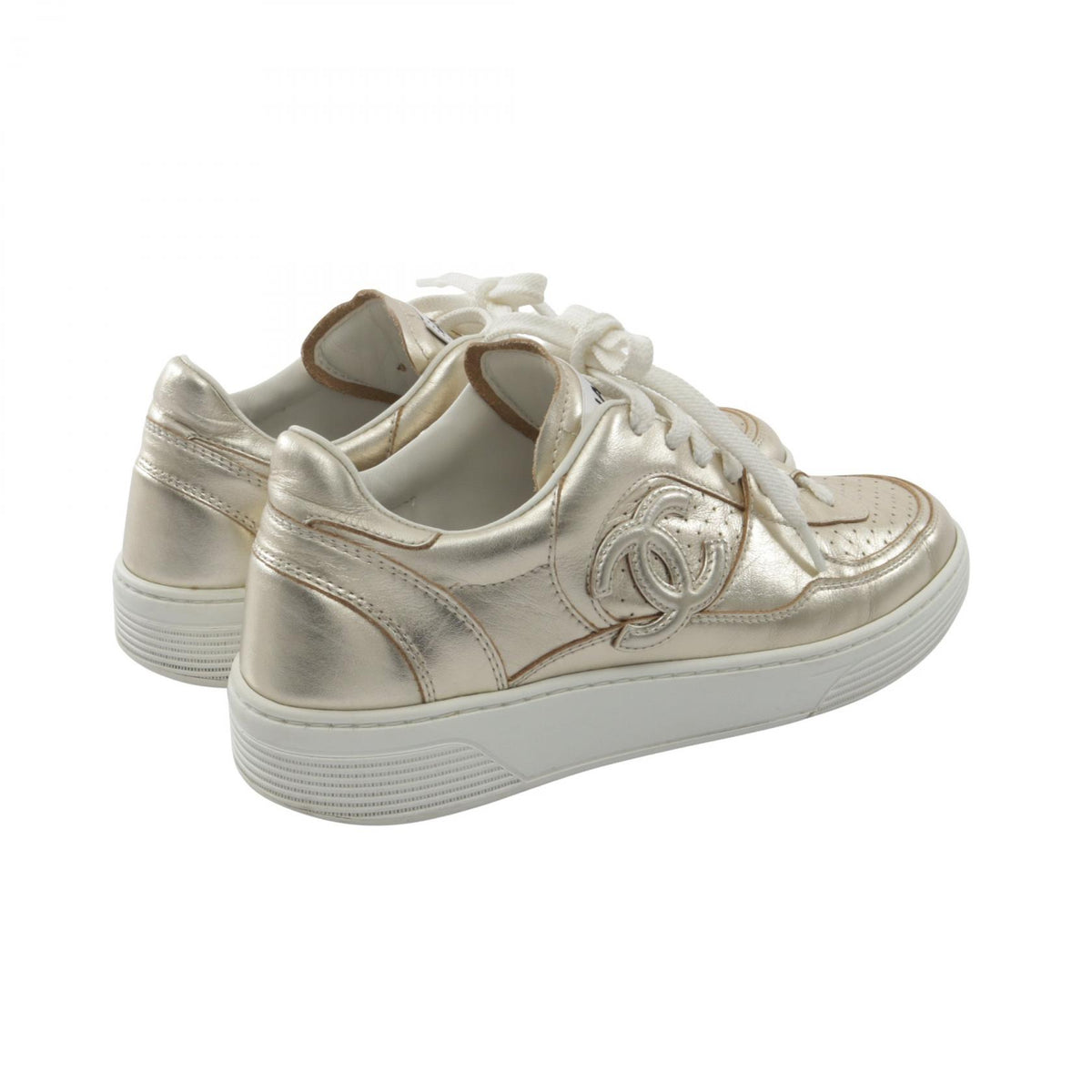 CHANEL Coco Mark Leather Sneakers Gold Size 38