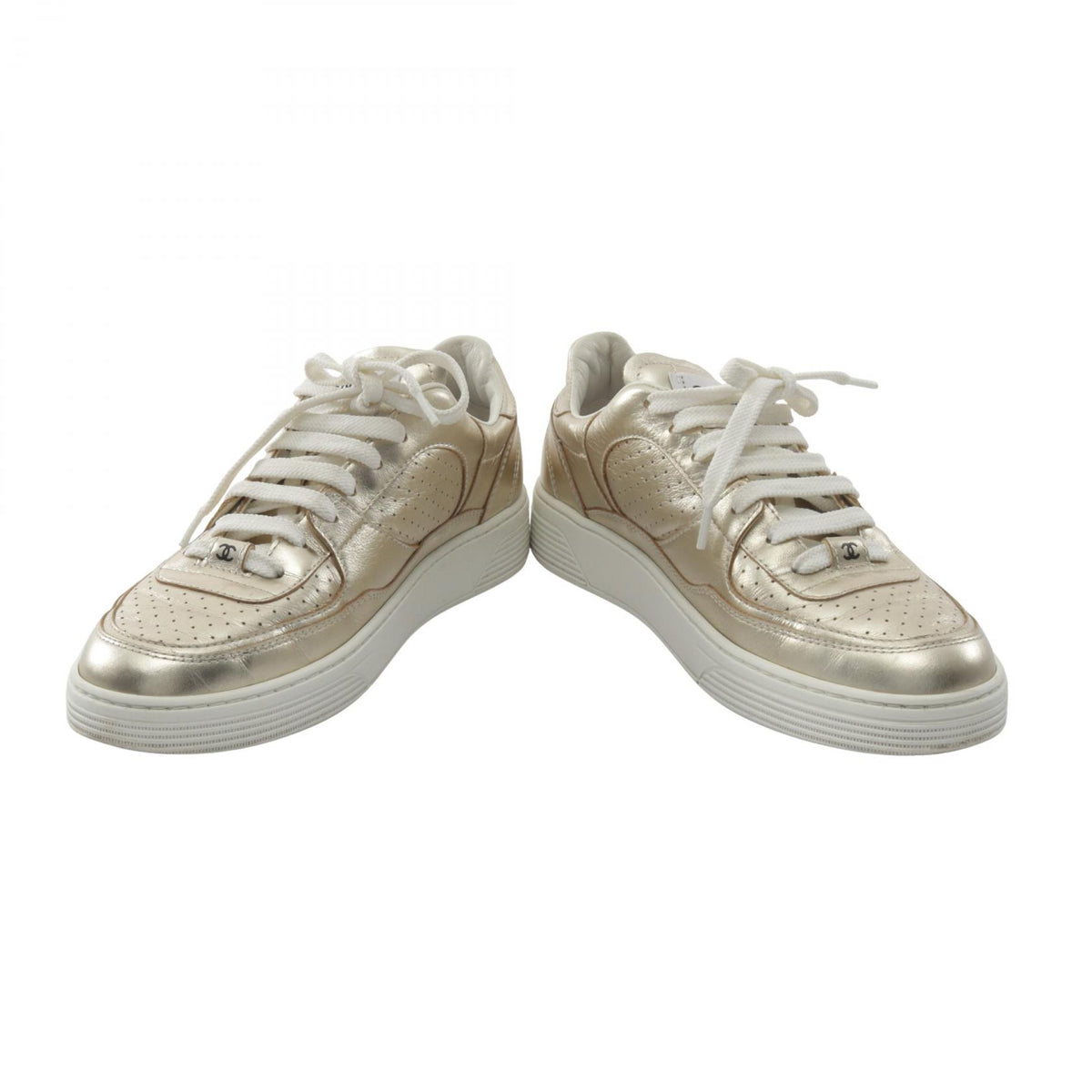 CHANEL Coco Mark Leather Sneakers Gold Size 38