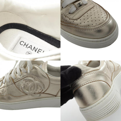 CHANEL Coco Mark Leather Sneakers Gold Size 38