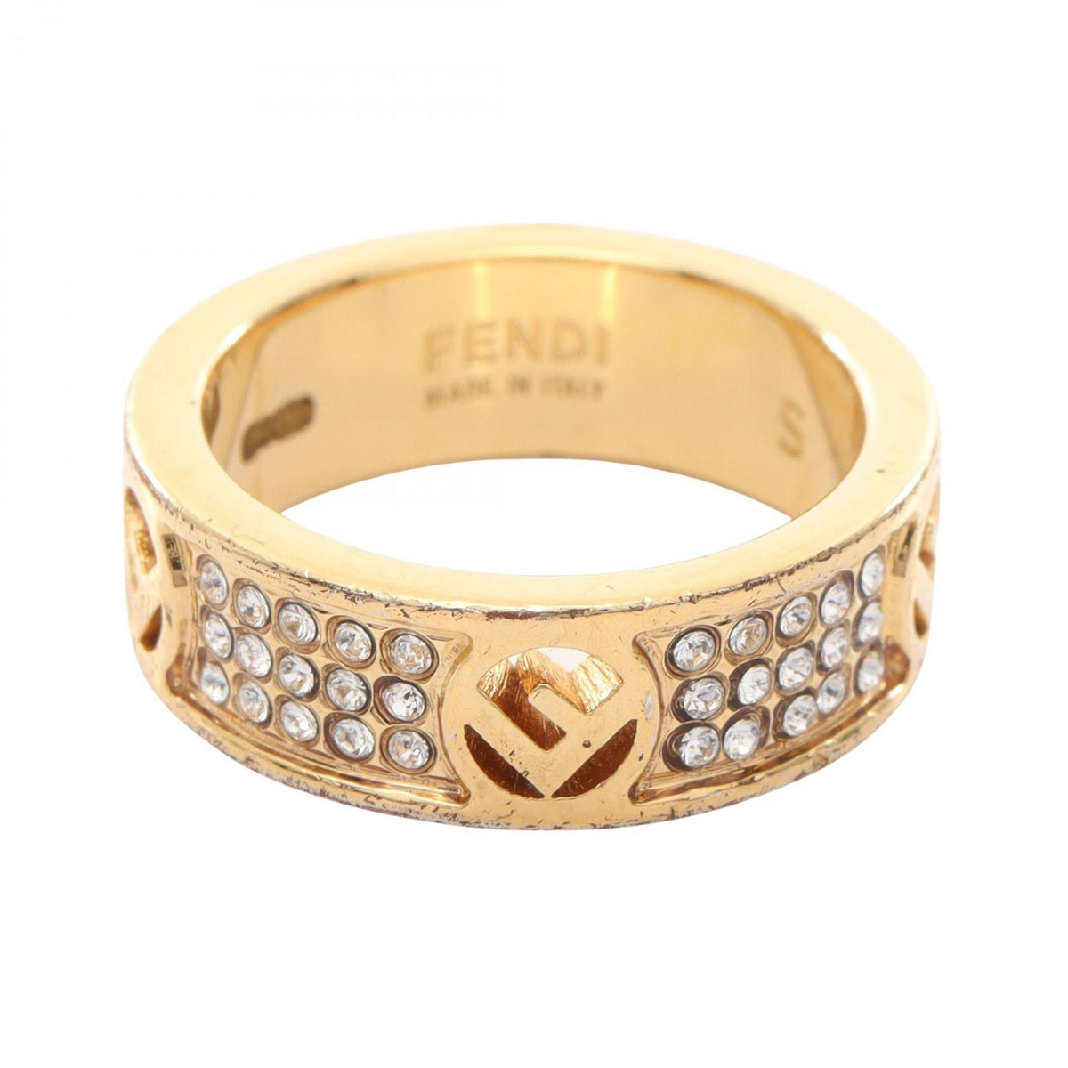 FENDI F Logo Gold Plated Rhinestone Ring Size JP 10.5