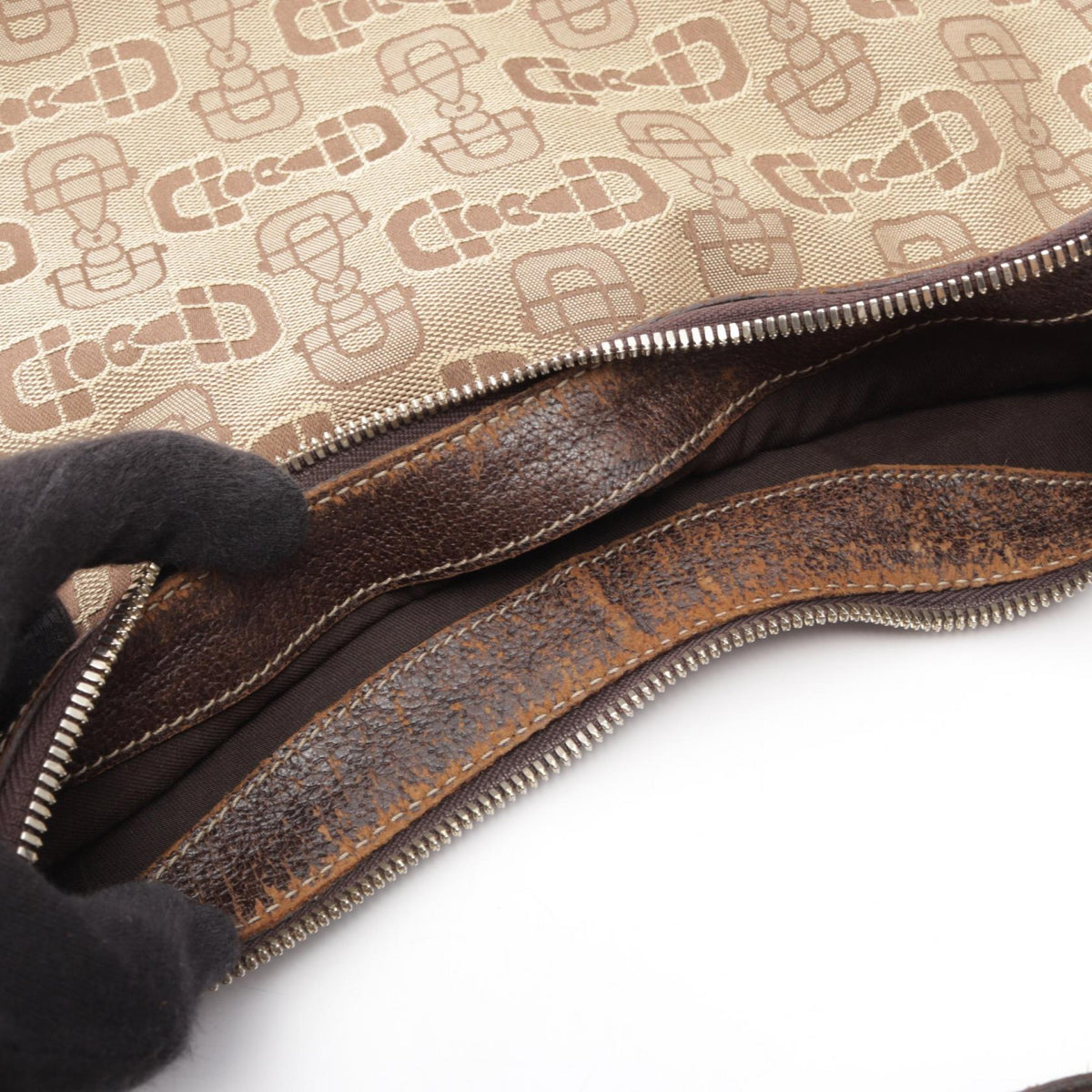 GUCCI Horsebit Canvas Leather Shoulder Bag