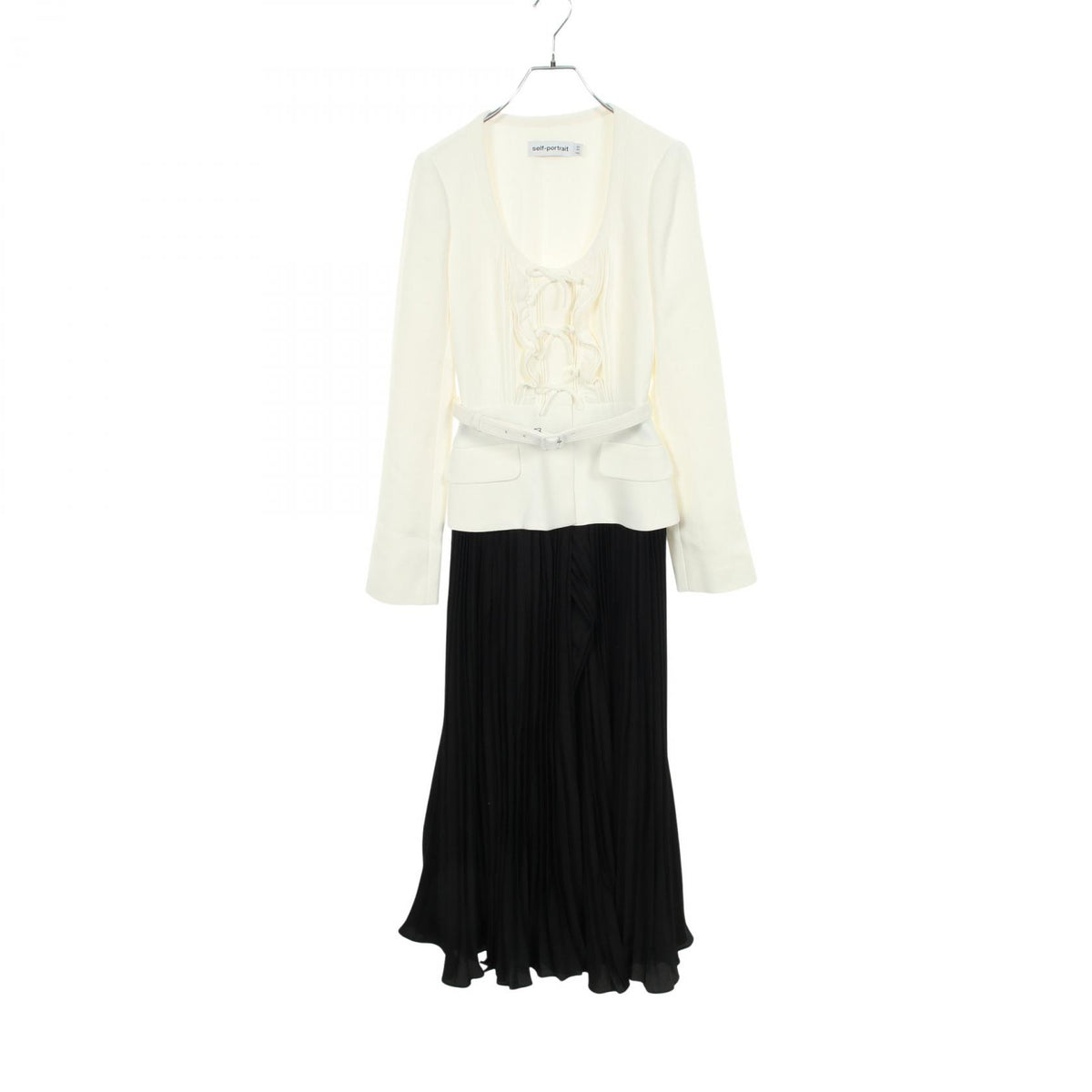 Self-Portrait Paneled Pleated Dress White/Black Size UK8 US4