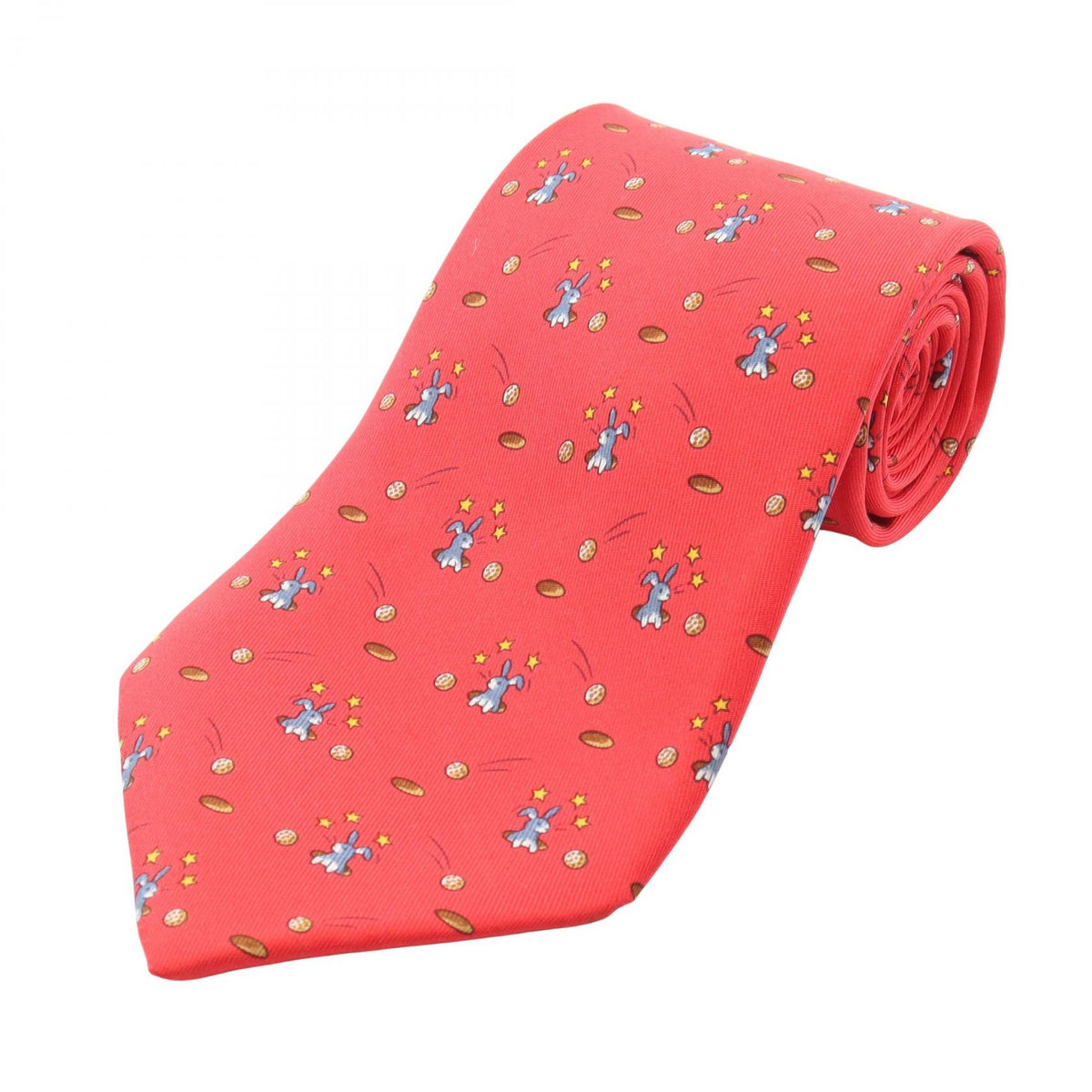 HERMES Rabbit Print Silk Tie Red Multicolor