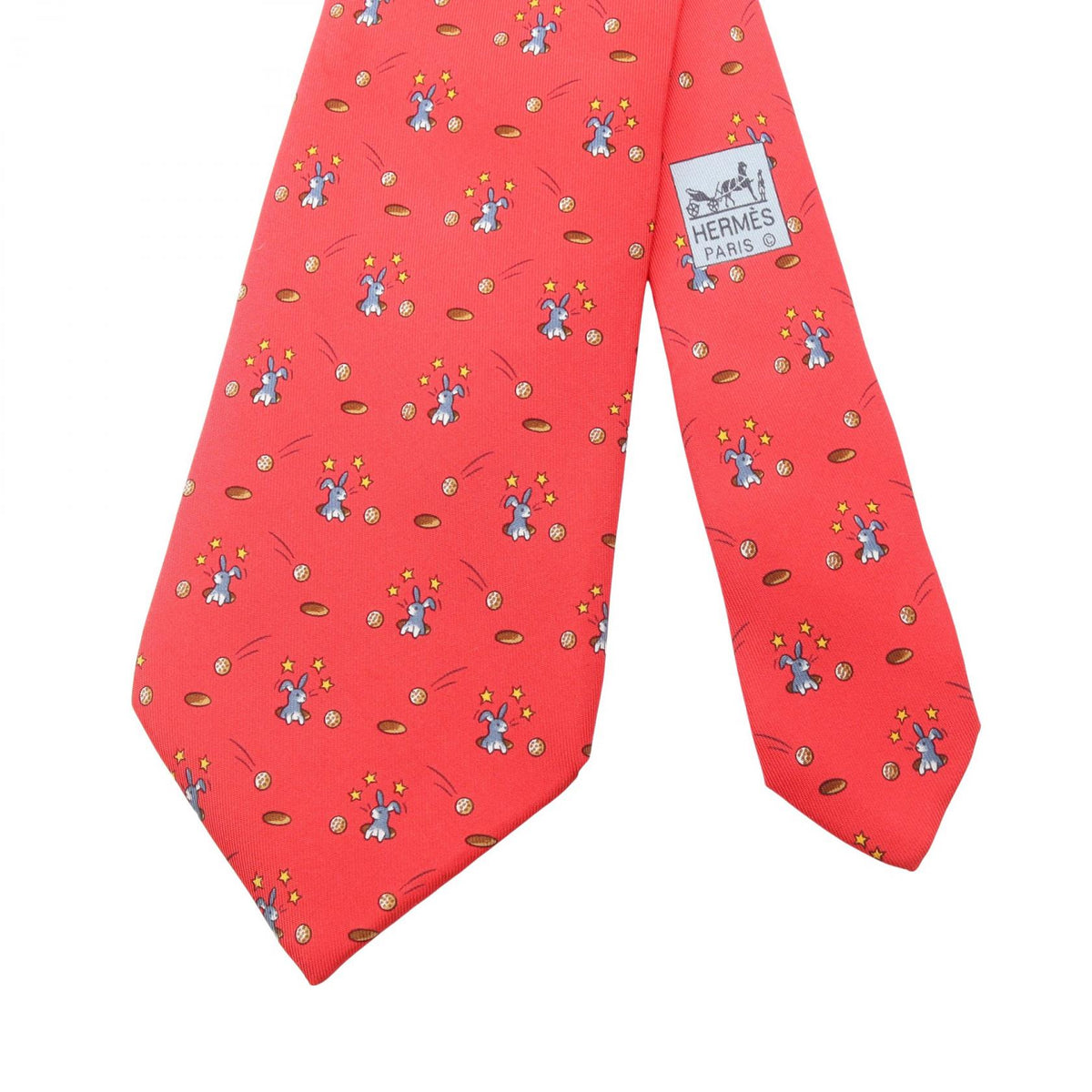 HERMES Rabbit Print Silk Tie Red Multicolor