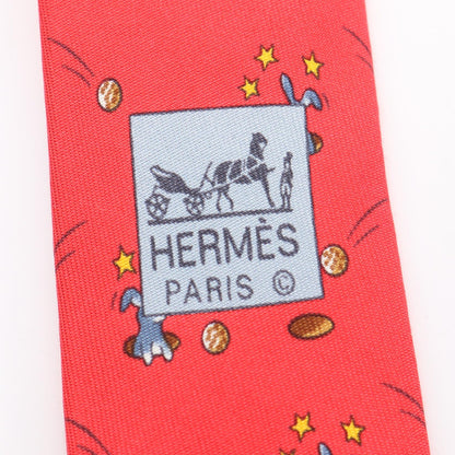 HERMES Rabbit Print Silk Tie Red Multicolor