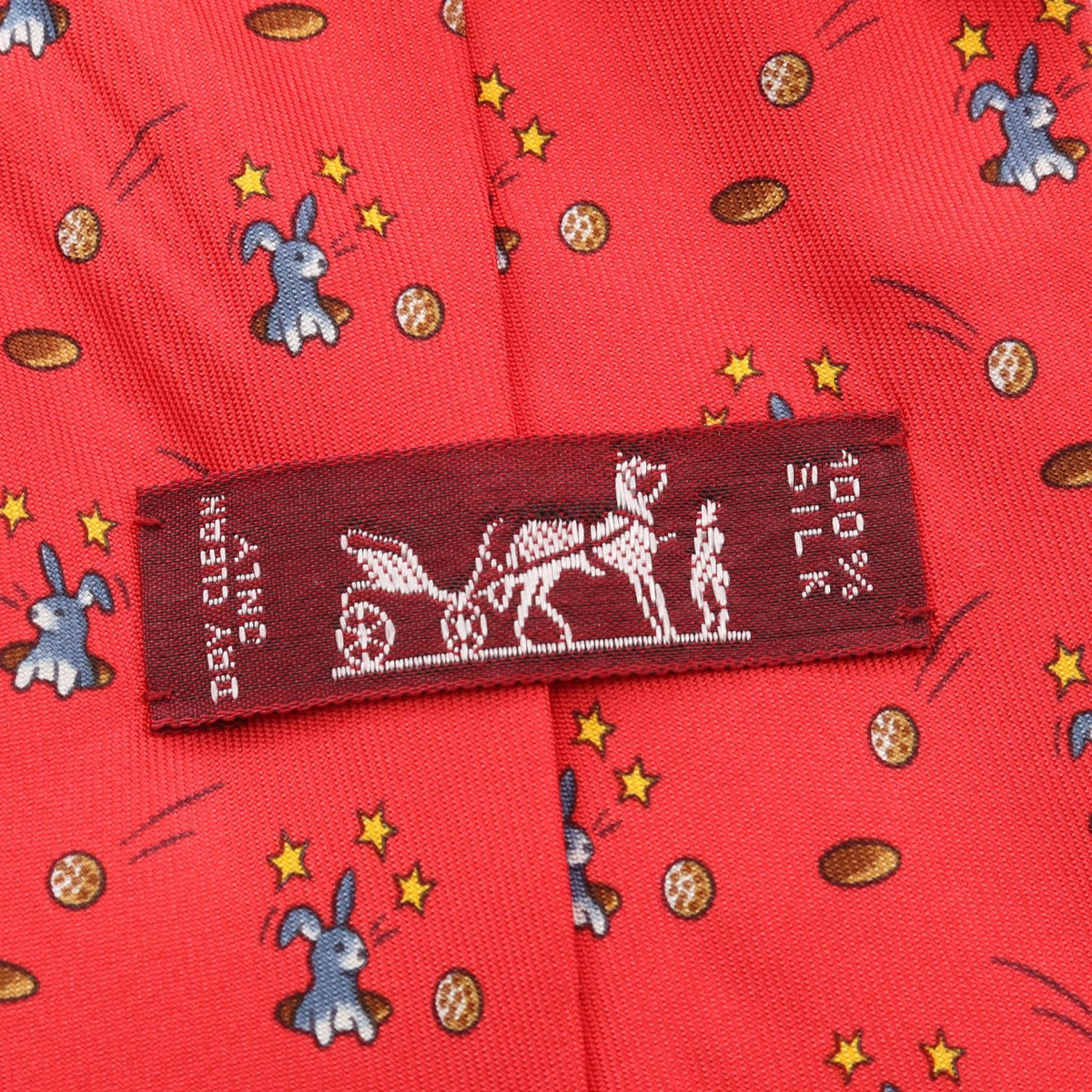 HERMES Rabbit Print Silk Tie Red Multicolor