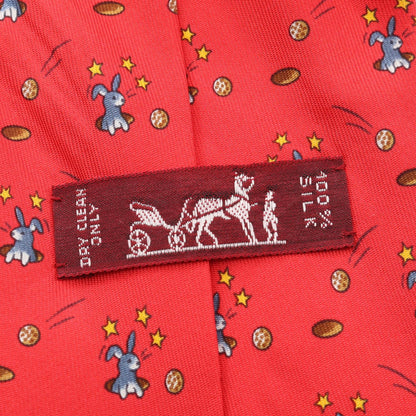 HERMES Rabbit Print Silk Tie Red Multicolor