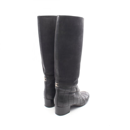 CHANEL Black Coco Mark Quilted Leather Long Boots Size 37.5