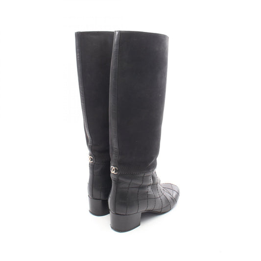 CHANEL Black Coco Mark Quilted Leather Long Boots Size 37.5