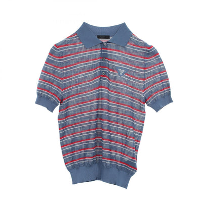 PRADA Striped Silk Short Sleeve Polo Blue Size 46