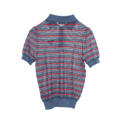 PRADA Striped Silk Short Sleeve Polo Blue Size 46